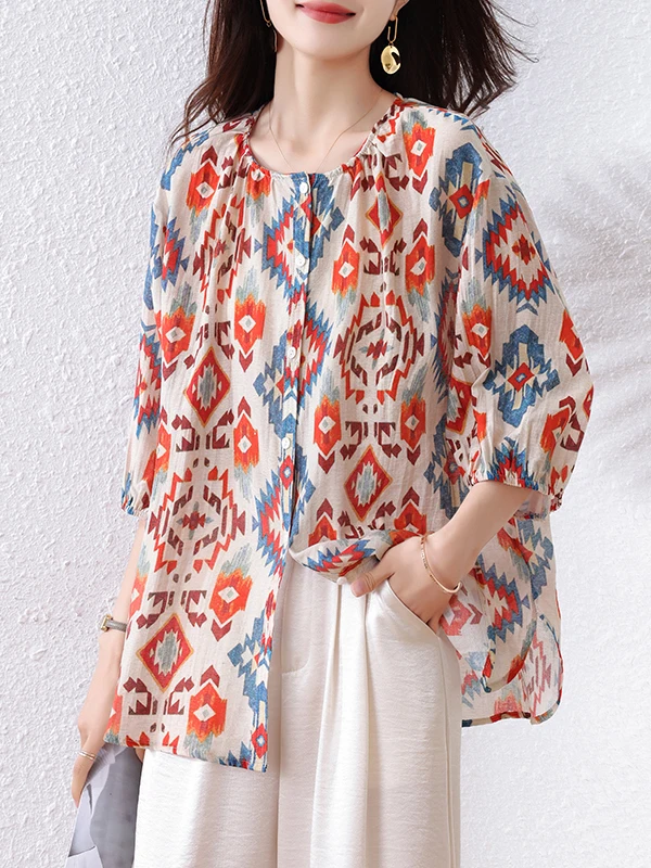 Ele الأزهار طباعة الشيفون irt المرأة الصيف جديد فضفاض Sle رقيقة Faionable أعلى خمر تخفيف Sle جولة Ne Seven... #3