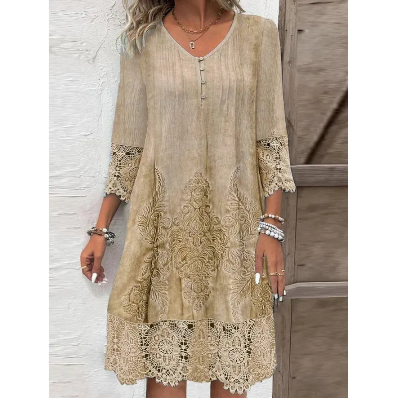 Modne letnie sukienki 2024 Summer New 3D Pattern Lace Splicing Hollowed Out Midi Dress Casual Short Sleeve Dresses Lady Vestido