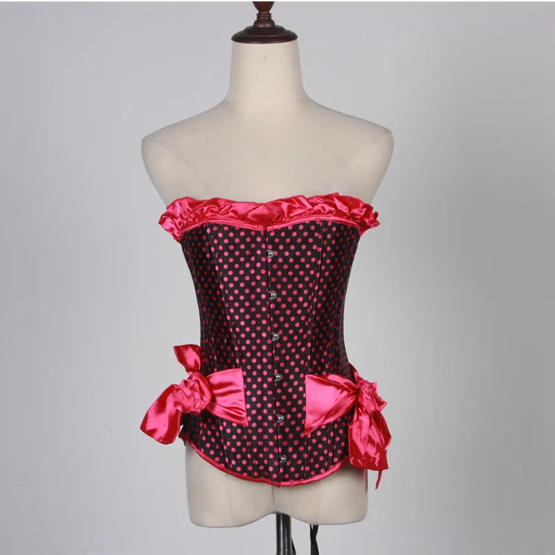 Women Pink Sexy Overbust Corset Vintage Style Corselet Girls Lacing Ruffle Bow Side Polka Dot Bustier Top Carnival Party Costume