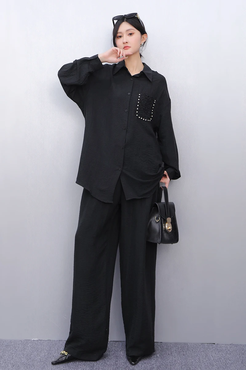 

Новинка весны 2024, элегантный однотонный комплект, женские свободные рубашки с длинными рукавами, топ, повседневные широкие брюки, комплект из двух предметов J911