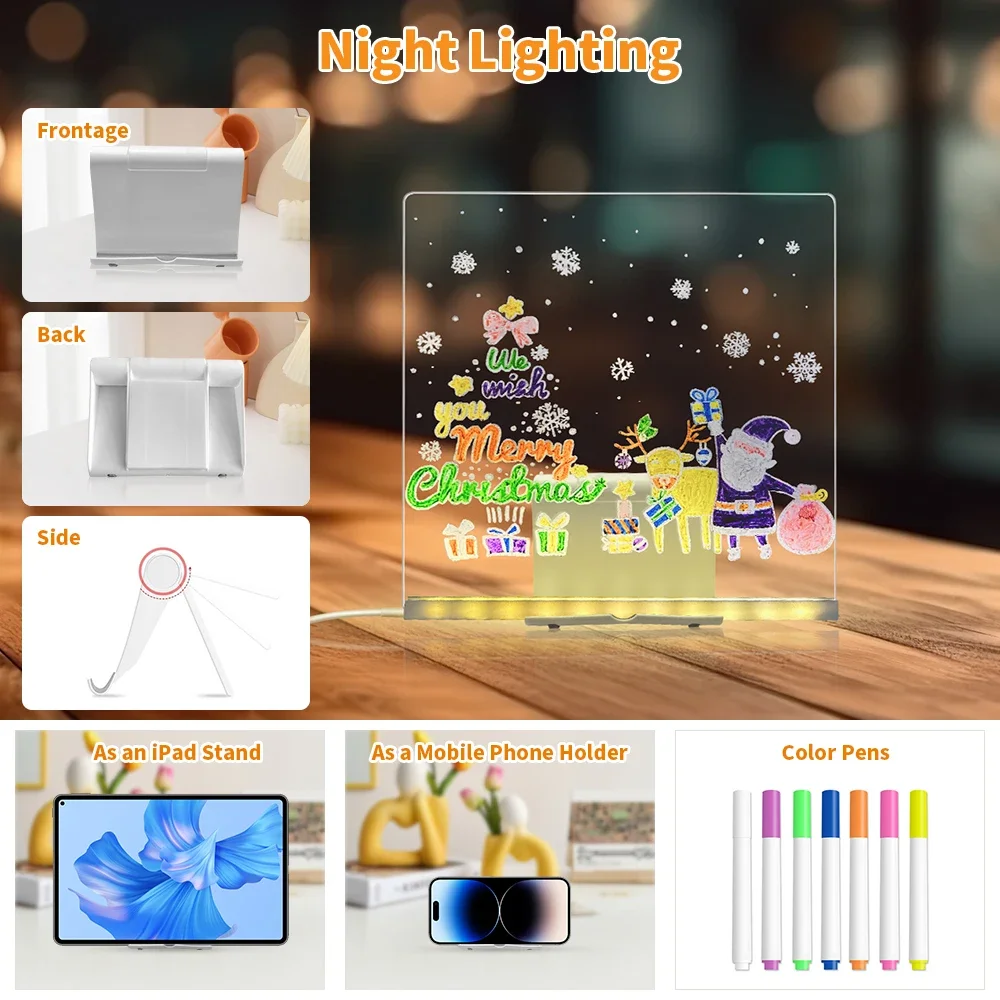 Tablero de notas de mensajes acrílico, lámpara LED con soporte USB, lámpara de escritura a mano DIY, regalo de cumpleaños para niños, luz nocturna para dormitorio