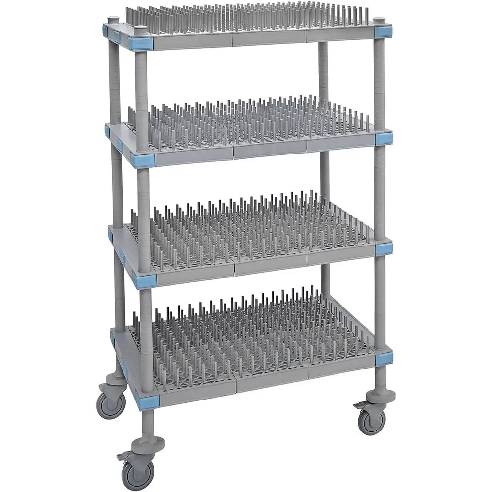 

30W x 24D x 68H Mobile Drying Rack with 4 Shelves, 4 Posts, Donut Bumpers, Gray Polypropylene for Commercial Kitchens