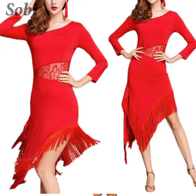 New Latin Dance Dress Sexy Mesh Stretchy One-piece Latin Dress for Women Long-Sleeve Tassel Ballroom Tango Cha Cha Rumba Costume