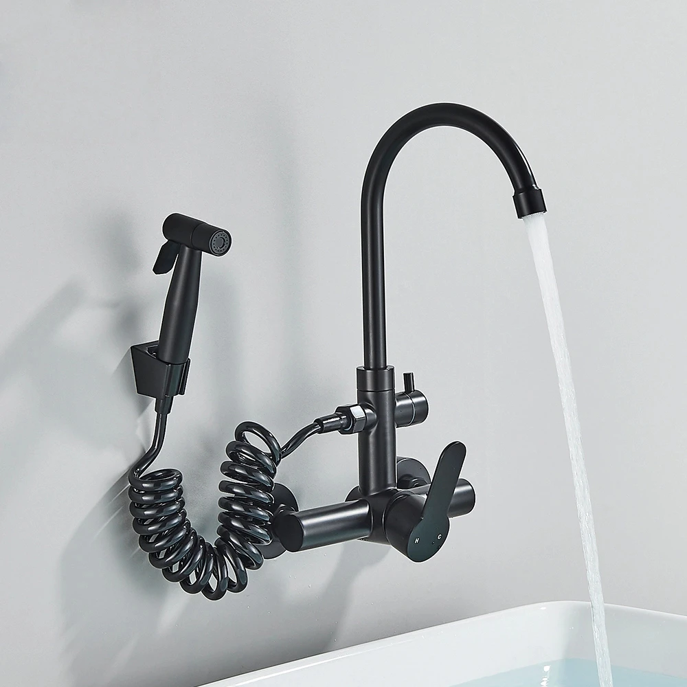 

Wall Mounted Gourmet Kitchen Faucet with Extendable Bidet Wall Mixer Tap Black SUS 304 Dual Hole Flexible Sink Crane