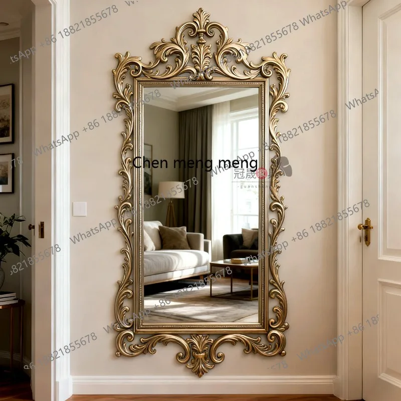 European Retro Dressing Mirror Living Room Wall-Mounted Lace Carved Full-Length Mirror Baroque Large Mirror