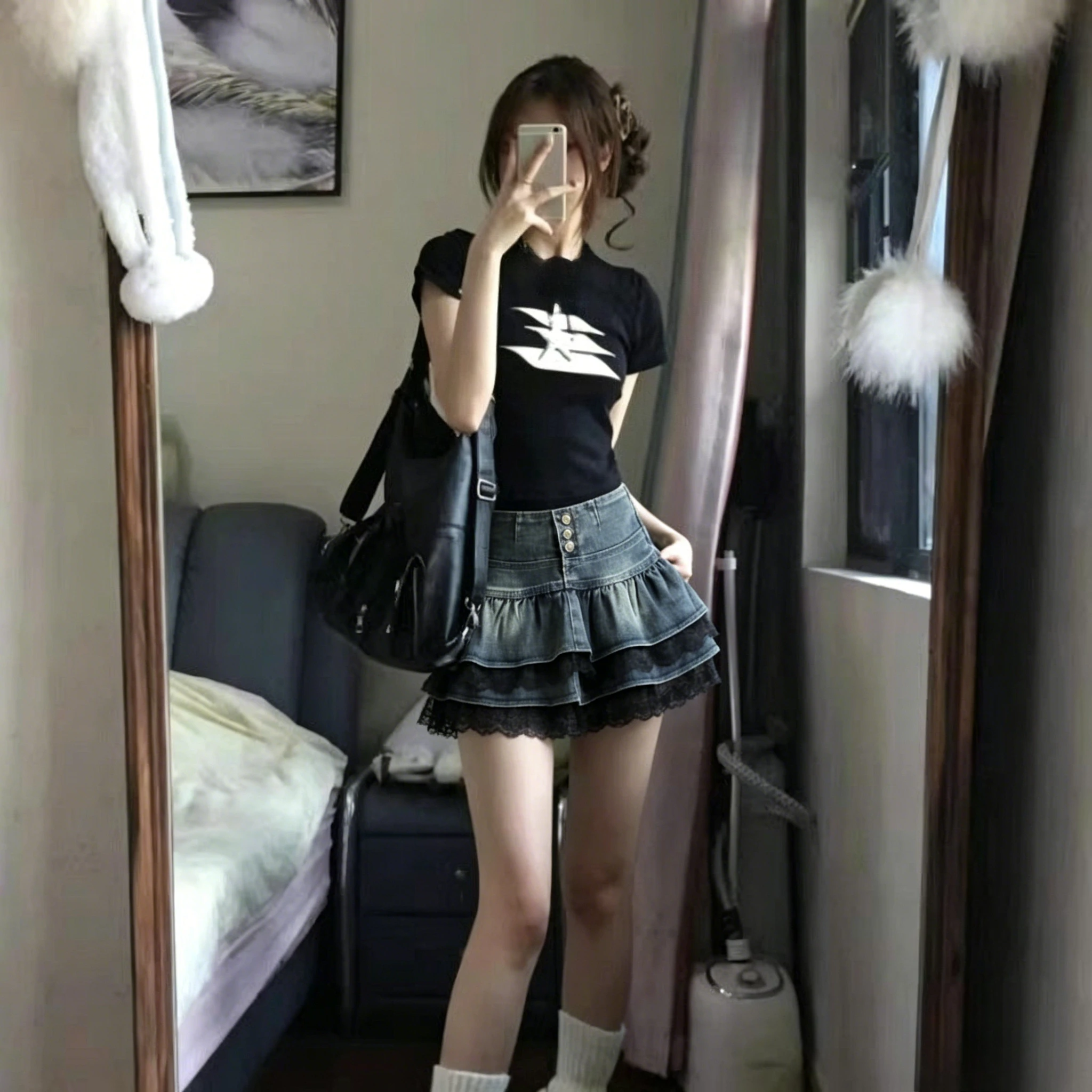 

2026 New Summer Women's Riveted Belt Denim Vintage Skirt Y2K Casual Harajuku High Street Fashion Sexy A-line Mini Skirt Clothing