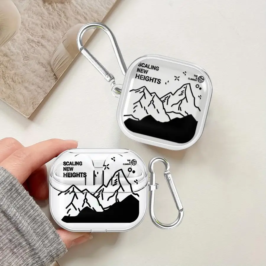 Case For Samsung Galaxy Buds 4Pro 2 3Pro 4 Pro 2Pro 3 FE Live Clear Earphone Cases Cover With Hook Cartoon Mountain Peak