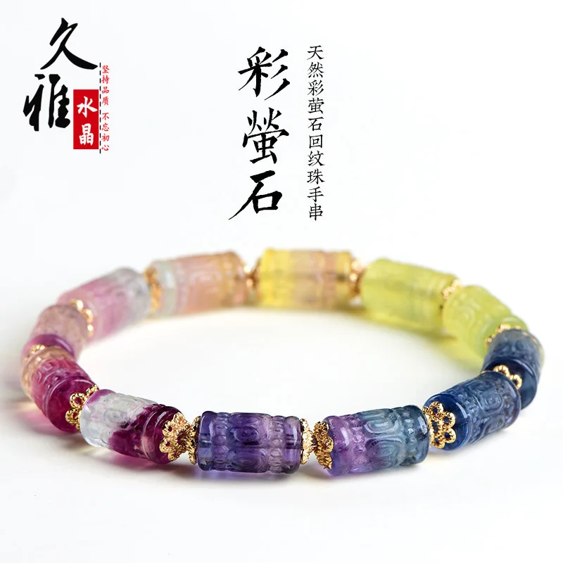 

Natural Rainbow Fluorite Crystal Bucket Beaded Bracelet Colored Fluorite Carved Echo Bucket Beads Hand String For Luxury Jewelry