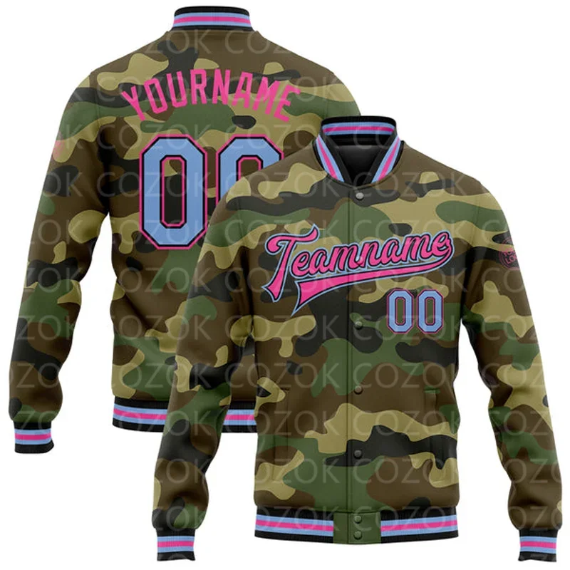 Custom Camouflage Pink Color 3D Printed Baseball Button Jacket Bomber Full-Snap Varsity Letterman Jacket