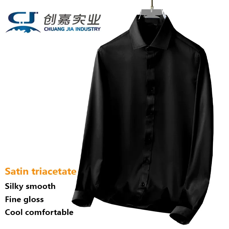 

Satin Triacetate Spring and Summer Men's Long-sleeved Shirt Smooth Glossy Soft Top Cool Comfortable Large Size High-end Clothing