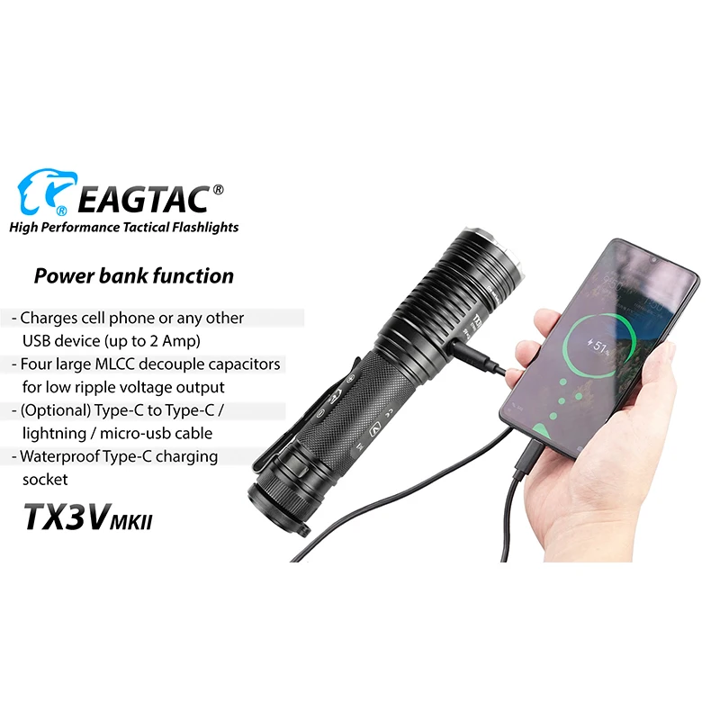 EAGTAC TX3V MKII USB Rechargeable LED Flashlight SST70 3650 Lumen 21700 Include Power Bank Tactical Torch Police Self Defense