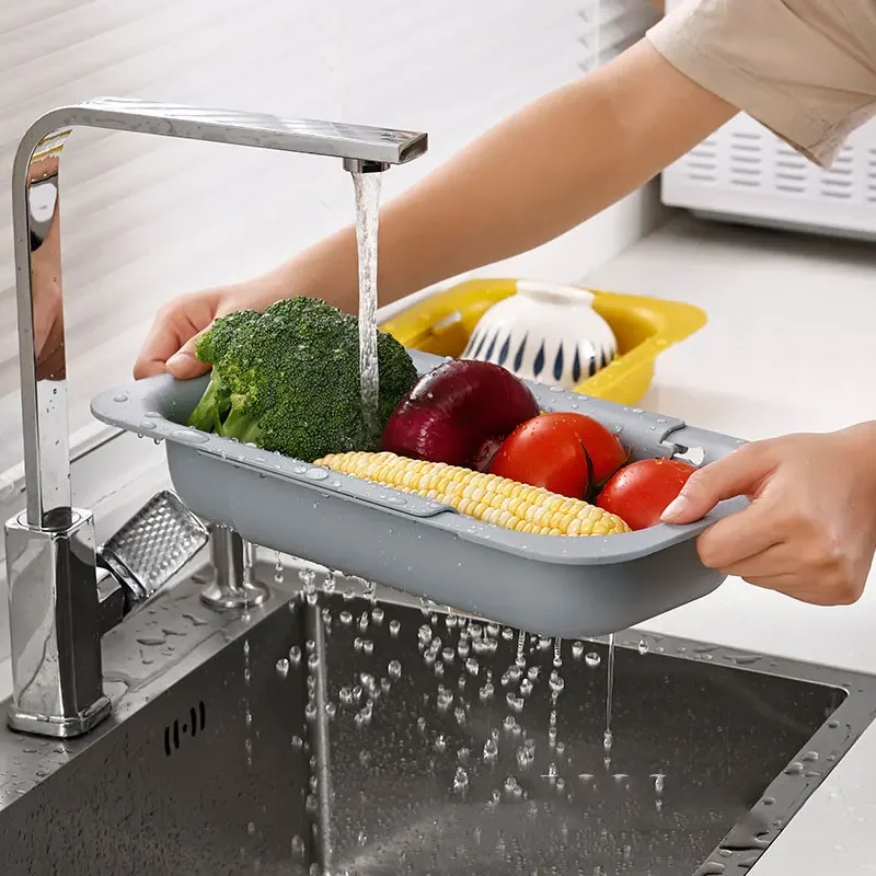 Retractable sink drain shelf, drain basket plate shelf, adjustable vegetable fruit wash VAT filter basket