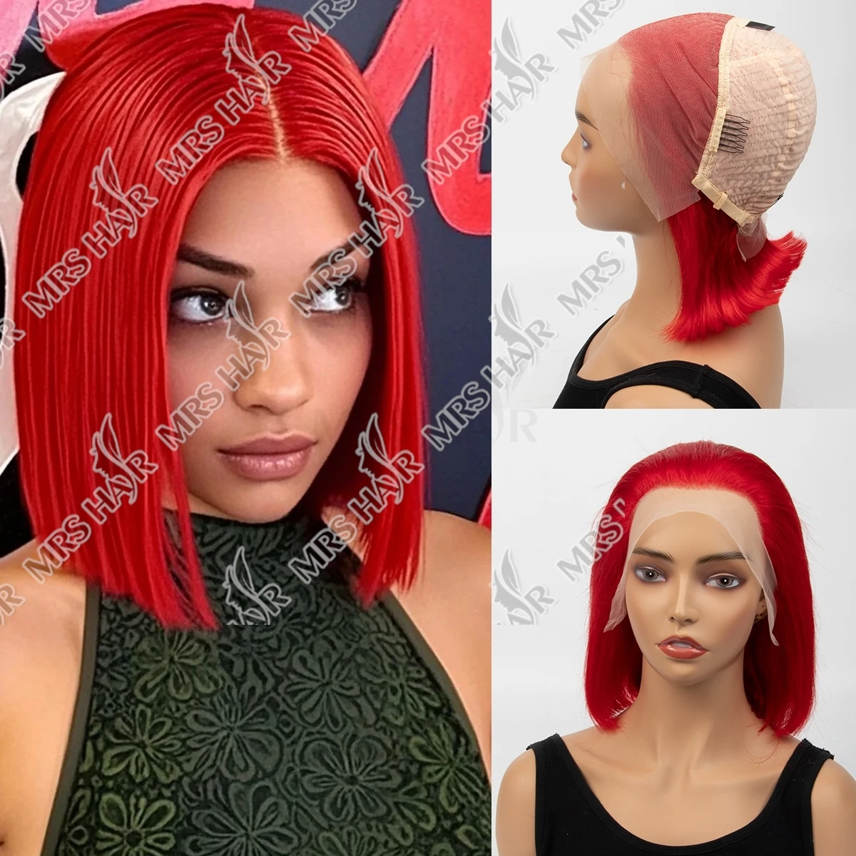 

Red Short Bob Wig Human Hair Lace Front Wig Pre Plucked 13×4 Transparent Lace 180% Density Straight Human Hair Wig