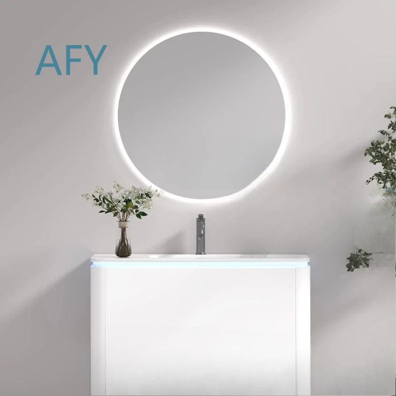 Solid Wood Bathroom Cabinet for Smart Mirror Cabinet Round Mirror Combo Ceramic Integrated Basin White Gray Modern Vanity