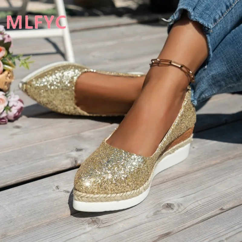 Spring Autumn Fashion Pointed Shallow Mouth Women Printed Shoes Large Slope Heel Thick Bottom Gold Single Shoes for female