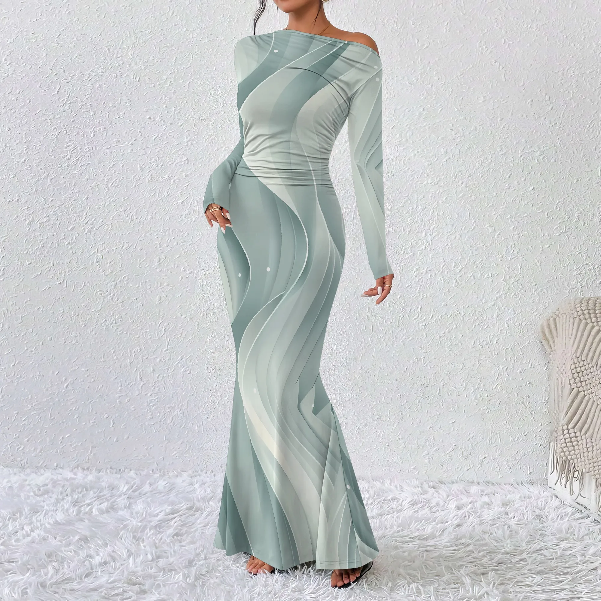 

EQQZD 2025 Women‘s Elegant Long Sleeve Bodycon Dress, Gradient-Color Print Fishtail Dress for Evening Event