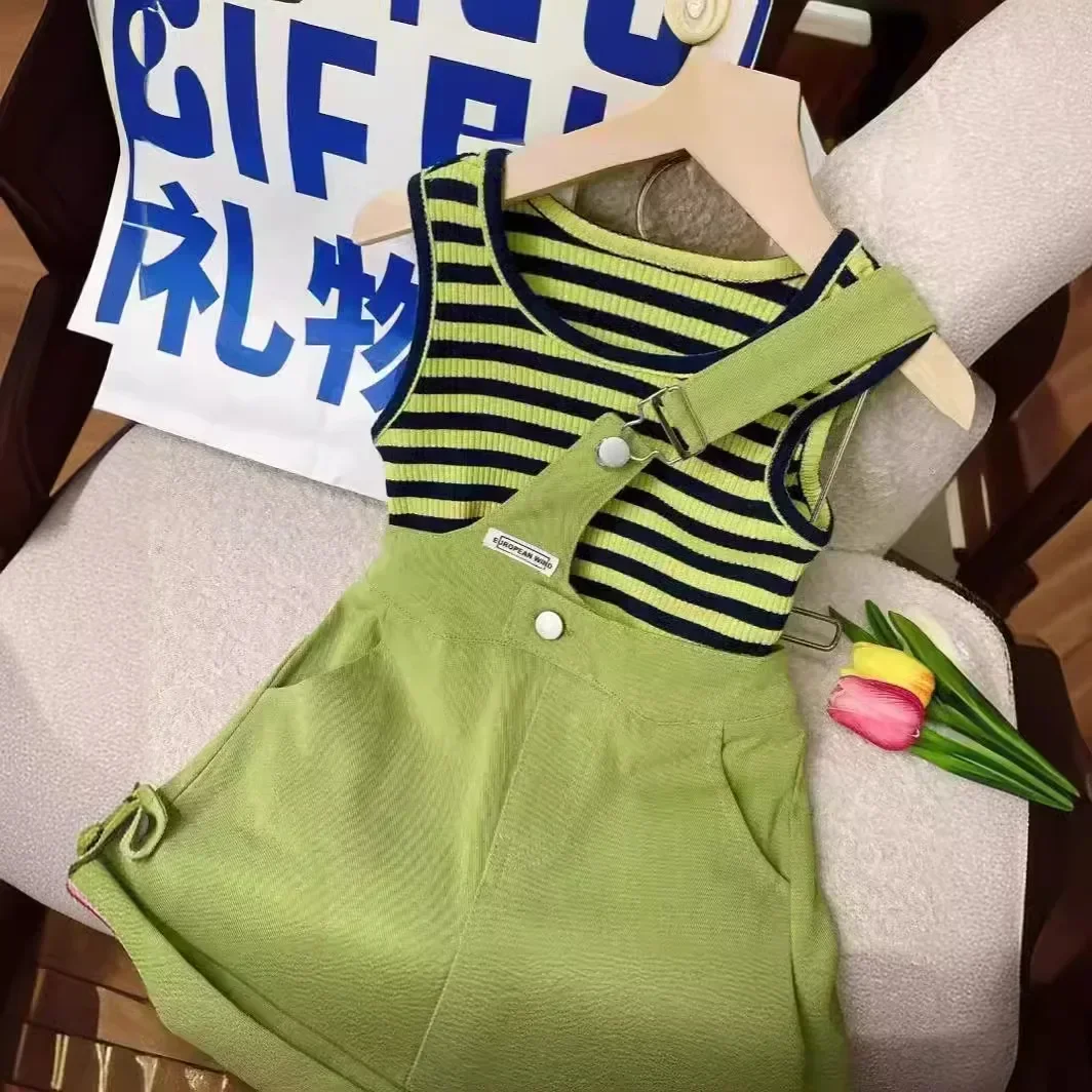 2024 summer fashion kids girls suspender suits  new  striped vest tops baby girl shorts 2pcs clothing  sets