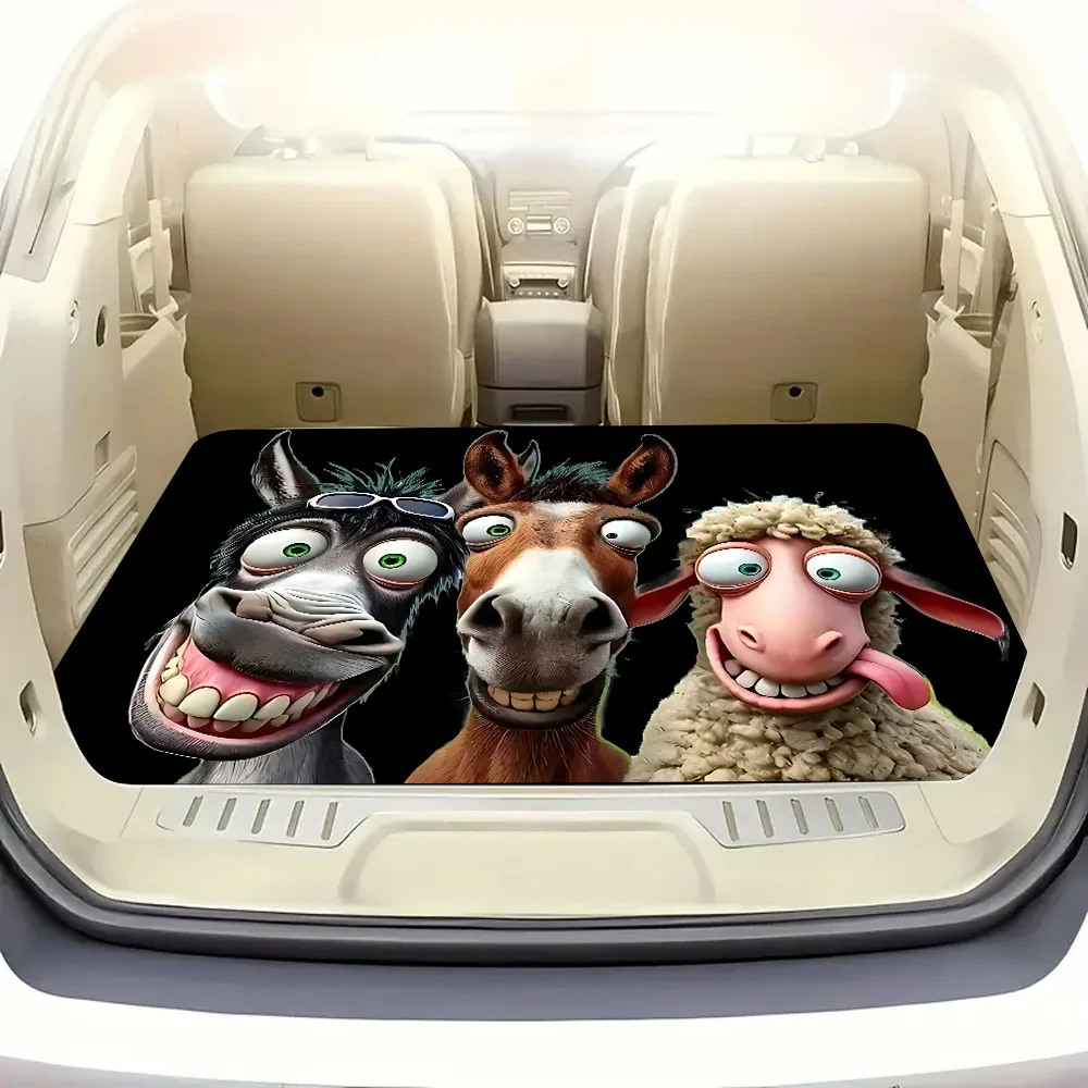 2D Flat Cartoon Donkey, Horse, and Sheep Triple-Print Luggage Mat Cute Car Trunk Mat Machine-Washable Cargo Mat Suitable for Pet
