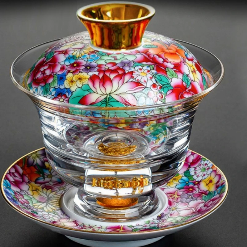 China enamel cover bowl Sancai glass cover bowl ceramic gold water crystal tracing gold is not hot.