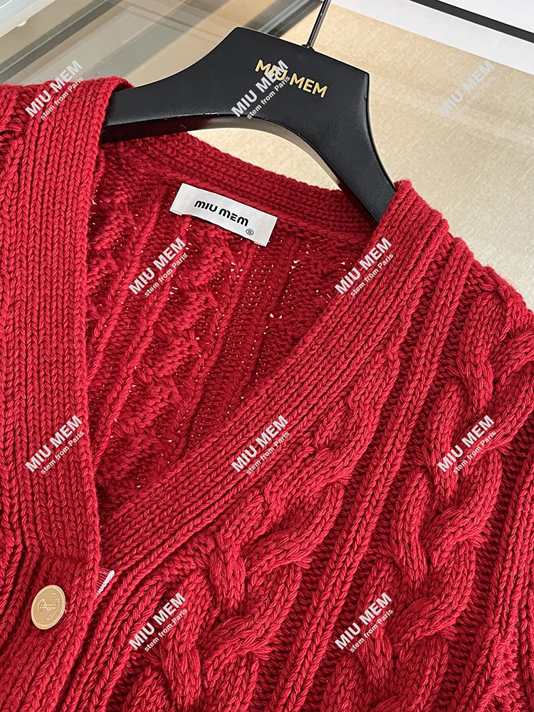High-End Women's Red Striped V-Ne Knitted Open Cardigan Top New Year's Sle Commute Simple Regular Fit Long Sve Button