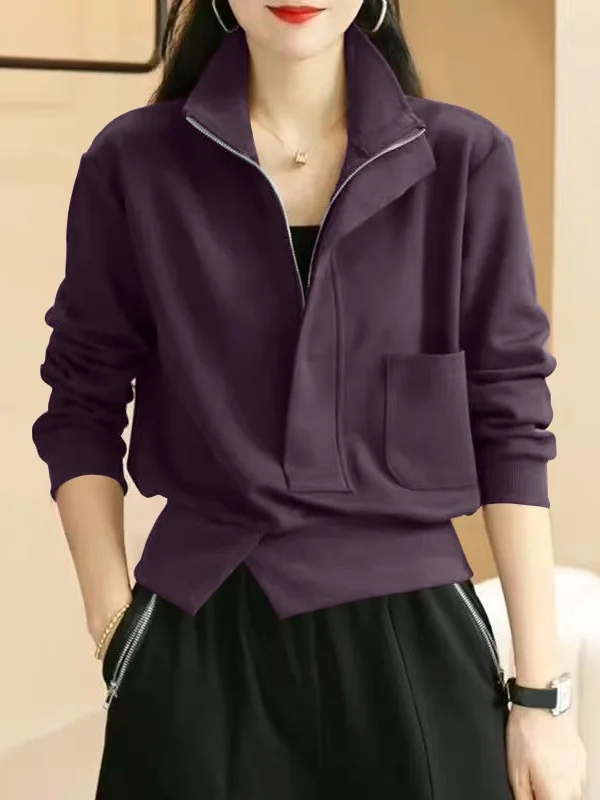 

Модная свободная толстовка с длинными рукавами для женщин, осенне-зимняя, универсальная, приталенная, на молнии, с воротником-стойкой