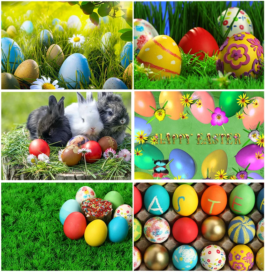 Spring Easter Festival Theme Backdrops Sunshine Green Grass Color Eggs Photographic Bunny Rabbit Cute Baby Portrait Backgrounds