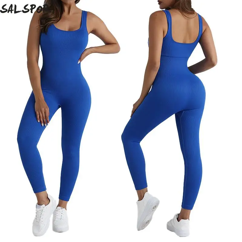 SALSPOR Ribbed Sports Jumpsuits for Women Seamless Sleeveless Exercise Rompers One Piece Yoga Suit Activewear