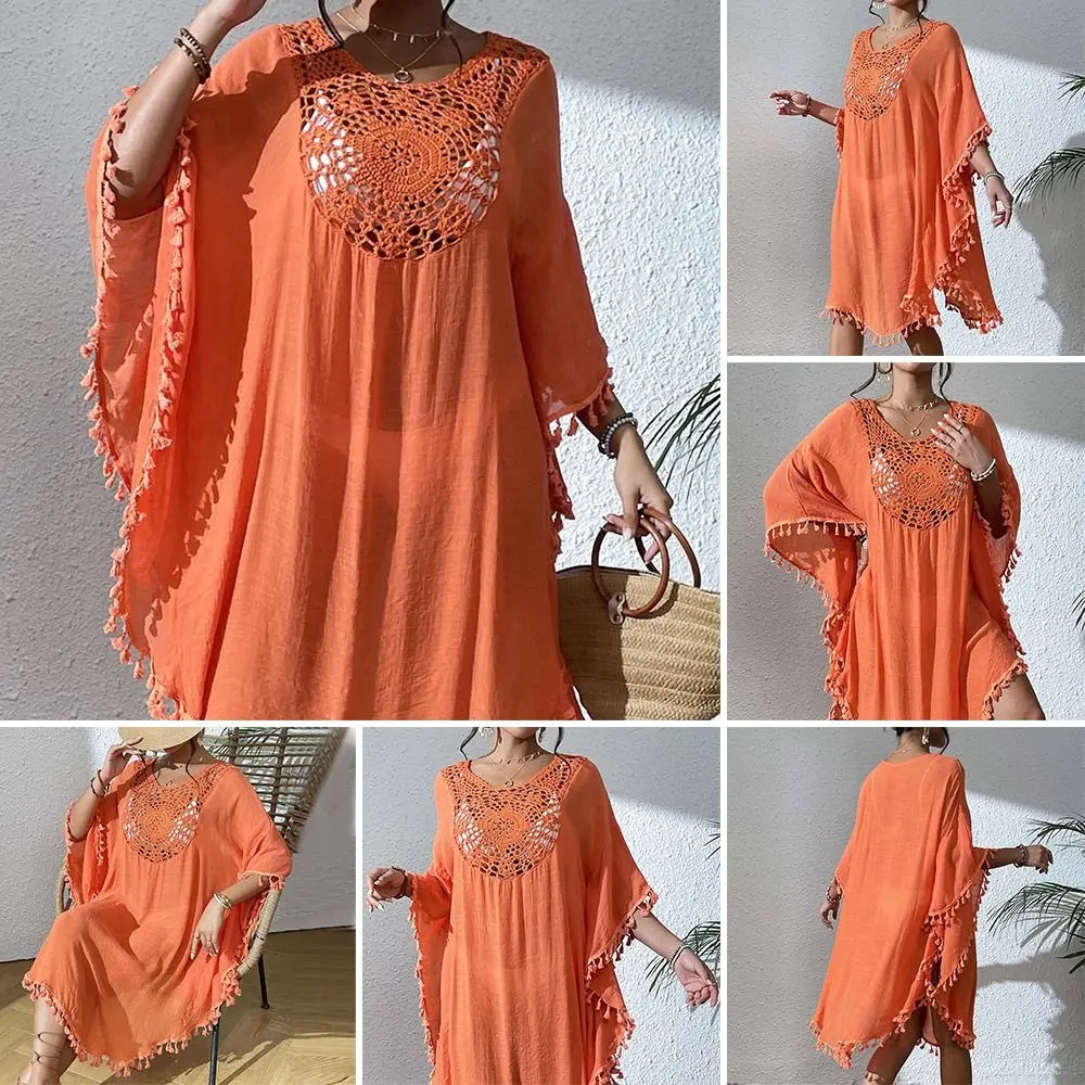 

Fashion Square Neck Summer Sunscreen Smock Loose Hollow Out Swimsuit Cover Up Dress Casual Vacation Bikini Cover-Ups for Women