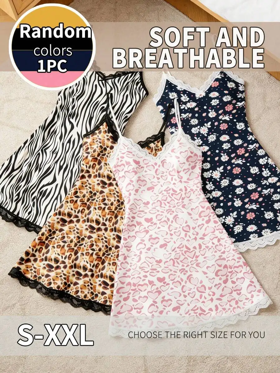 

Womens Lace Cami Nightdress Soft Breathable Sleepwear Summer Loungewear Dress Random Print