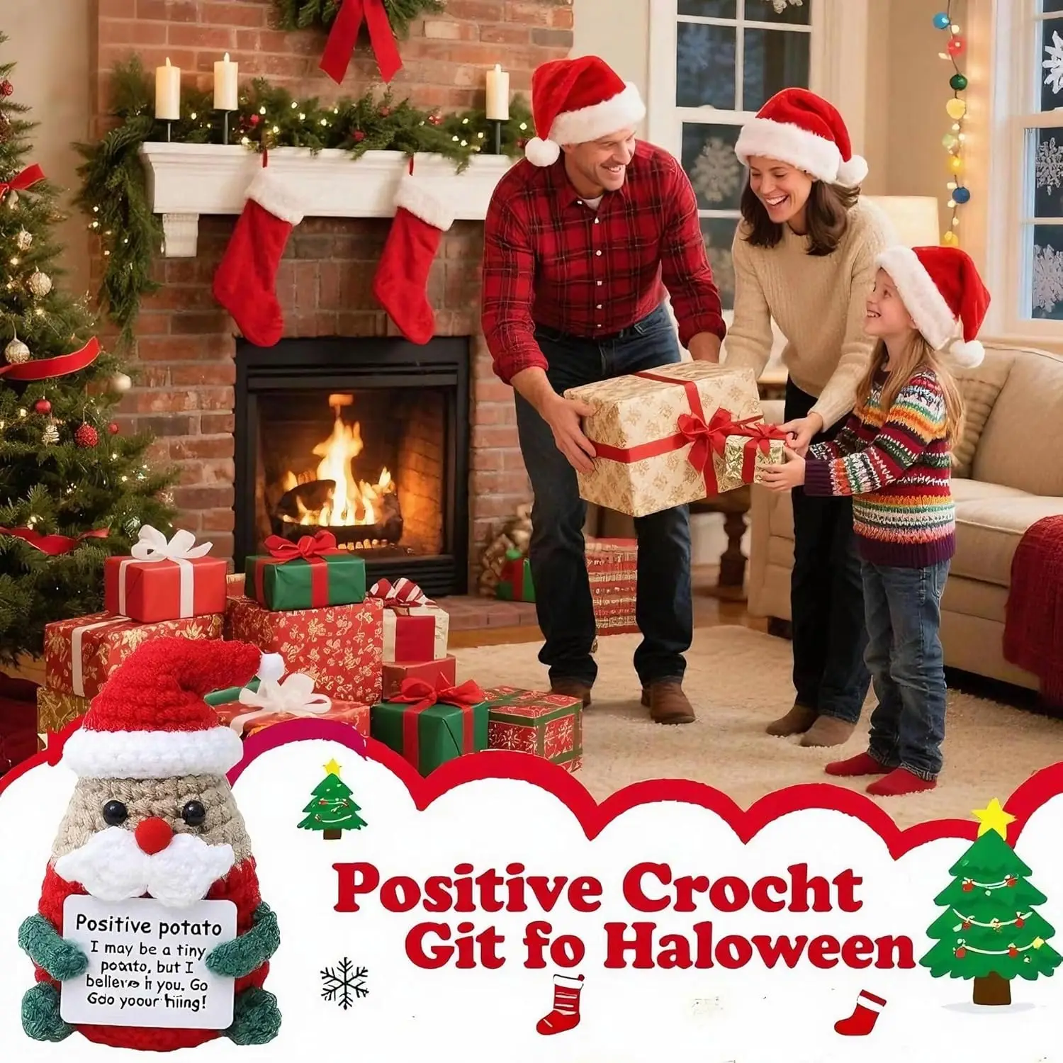 دمية كروشيه إيجابية لطيفة لعيد الميلاد مع بطاقة شجرة عيد الميلاد، سانتا المبهجة، غزال إيجابي ورجل ثلج، هدية عيد الميلاد المضحكة