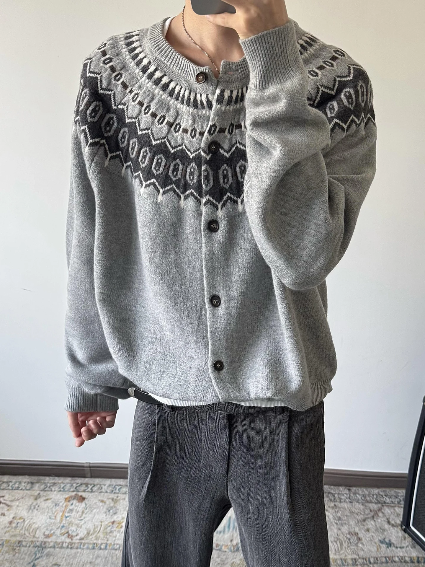 

Soft Knitted Cardigan Men's Autumn Faion American Lazy Sle Starry Night Fair Isle Texture High-End Feeling M Outerwear