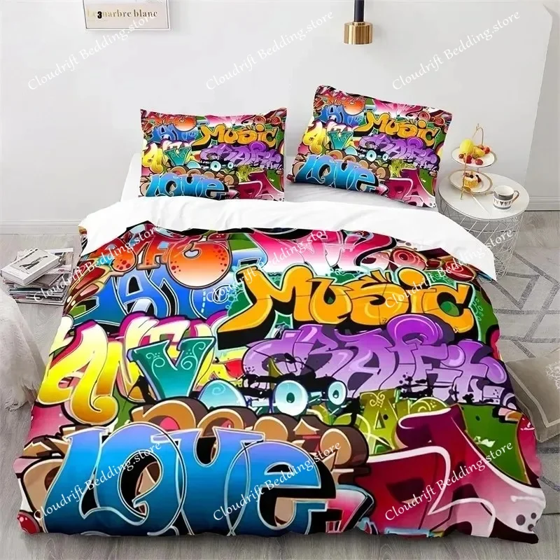 

Graffiti Hip Hop Modern Street Art Bedding Set Boys Girls Twin Queen Size Duvet Cover Pillowcase Bed Boys Adult