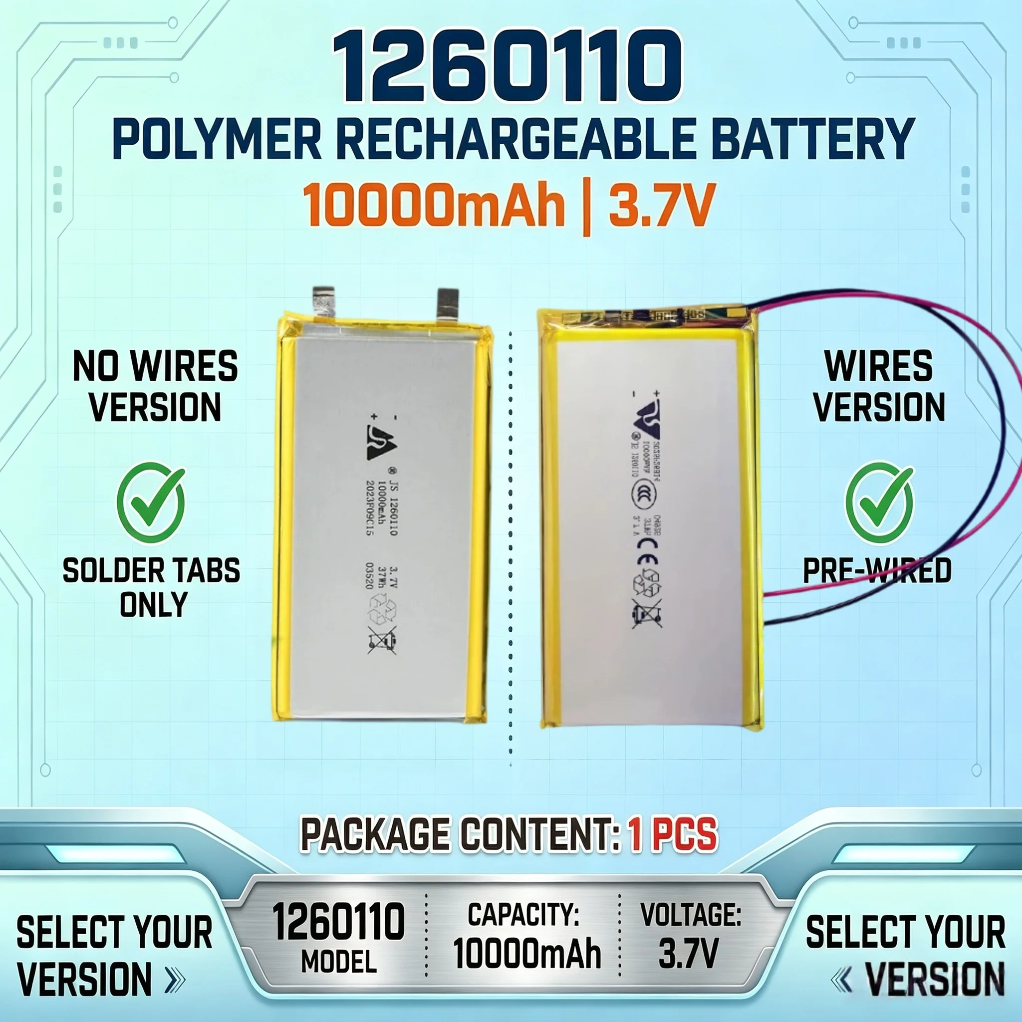1260110# 3.7V 10000mAh Rechargeable Polymer Batteries Lipo for Toy Power Bank GPS Laptop Camping Lights Diy