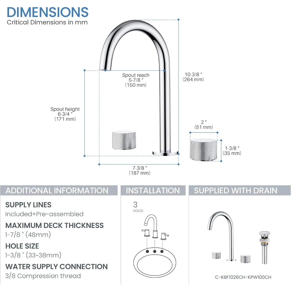 8-дюймовый широко распространенный смеситель для унитаза со сливной сборкой, твердая латунь, конструкция с 3 отверстиями для круглых раковин для ванной комнаты