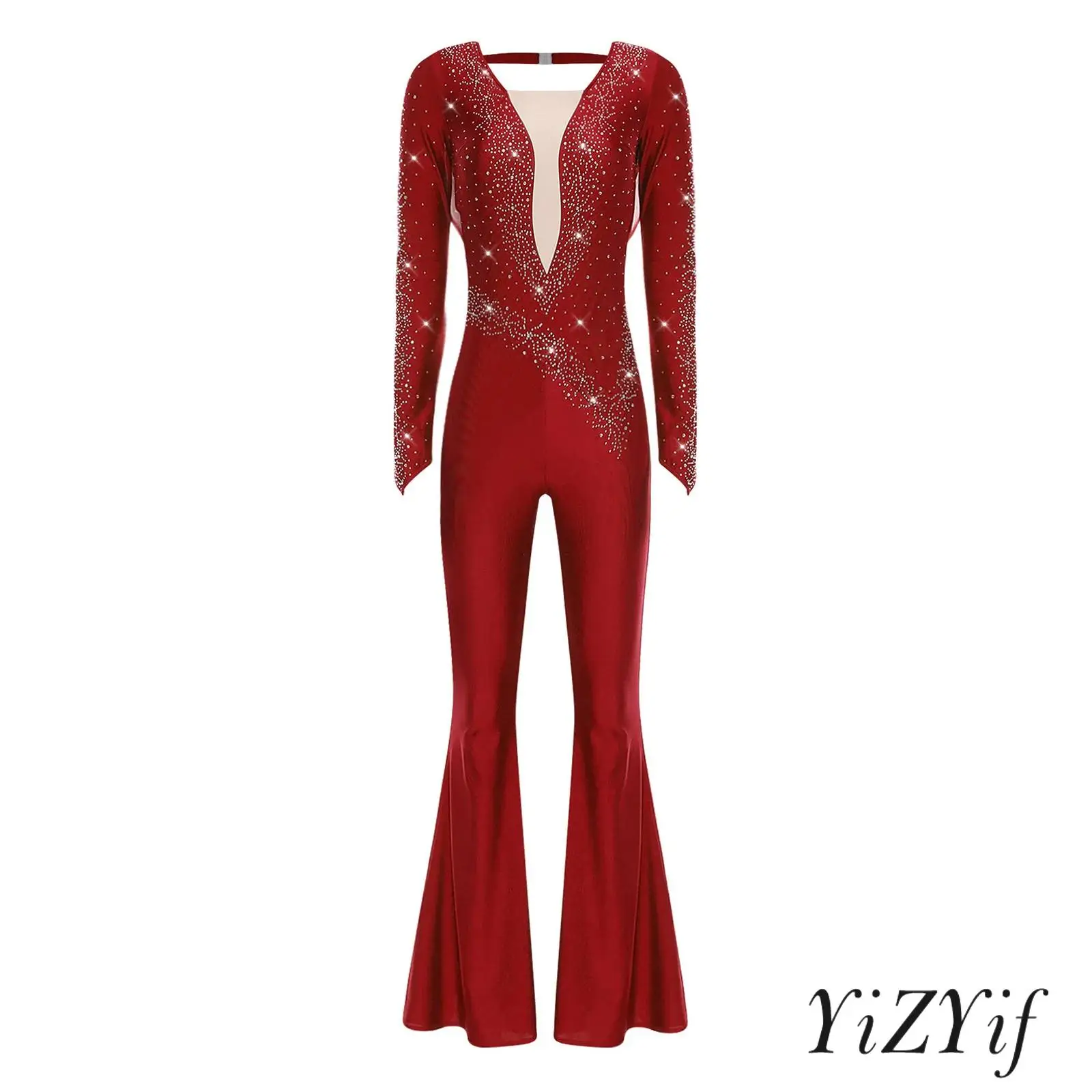 

Женский блестящий комбинезон для латинских танцев со стразами, вырез сзади и рюшами, сетчатый комбинезон с расклешенным низом, танцевальная одежда для ча-ча