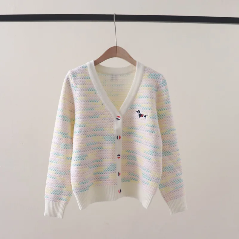 Autumn and Winter New Cute Youth-Looking Colorful Wave Striped Puppy EmbroideryVCollar Long Sleeve Knitted Cardigan Sweater Coat