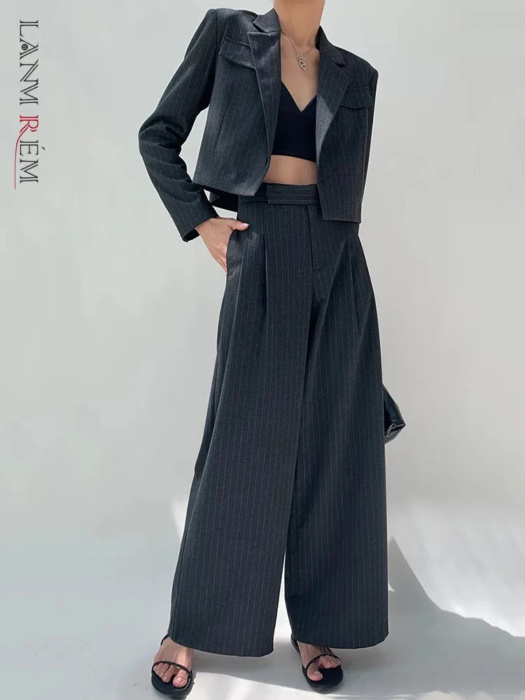 [LANMREM] Striped 2 Piece Sets For Women Cardigan Short Blazer High Waist Straight Wide Leg Pants Office Lady 2024 Summer New