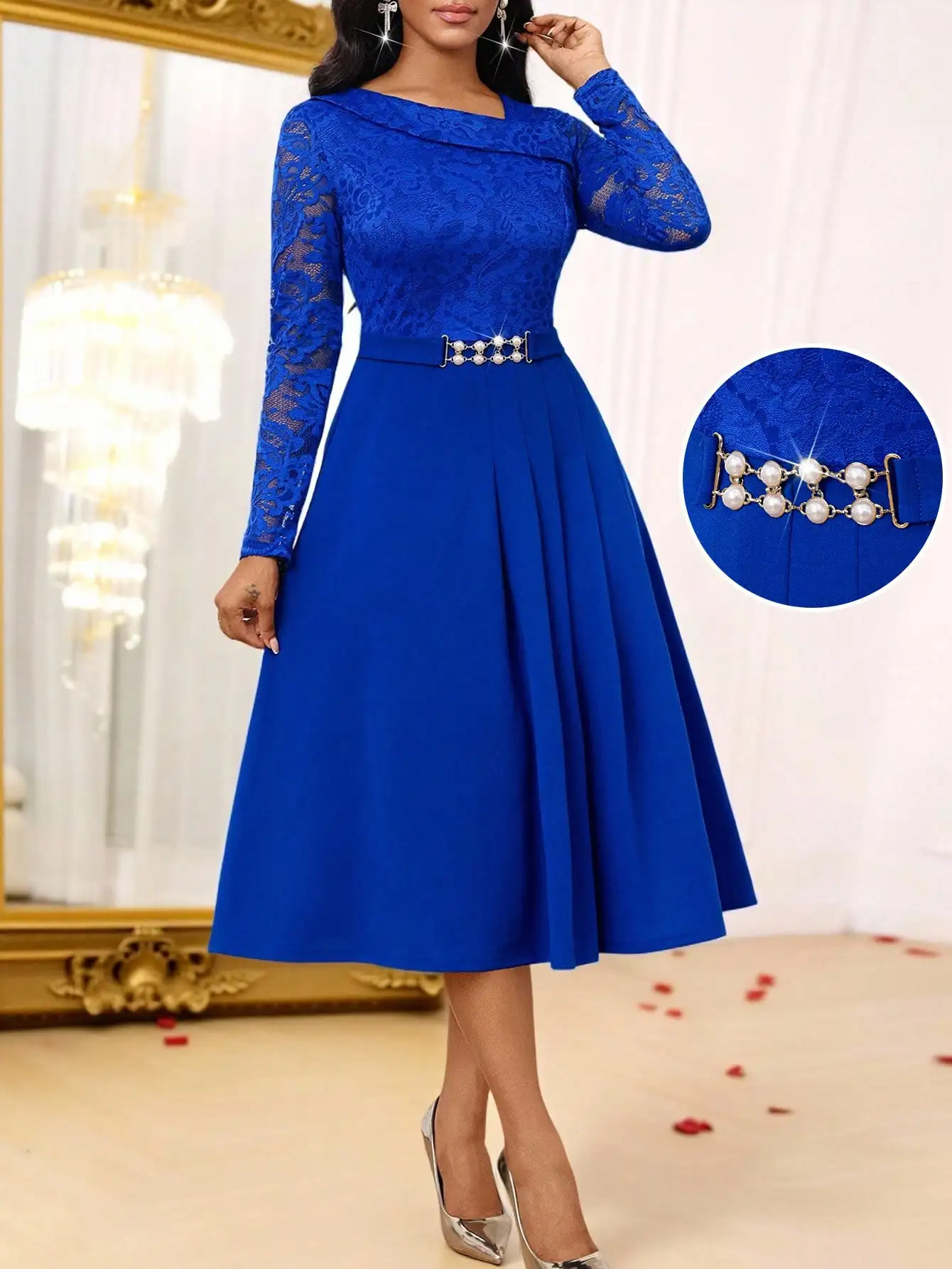 

Royal Blue Lace Long Sleeve Asymmetric Neck Midi Dress with Pearl Belt for Elegant Occasions