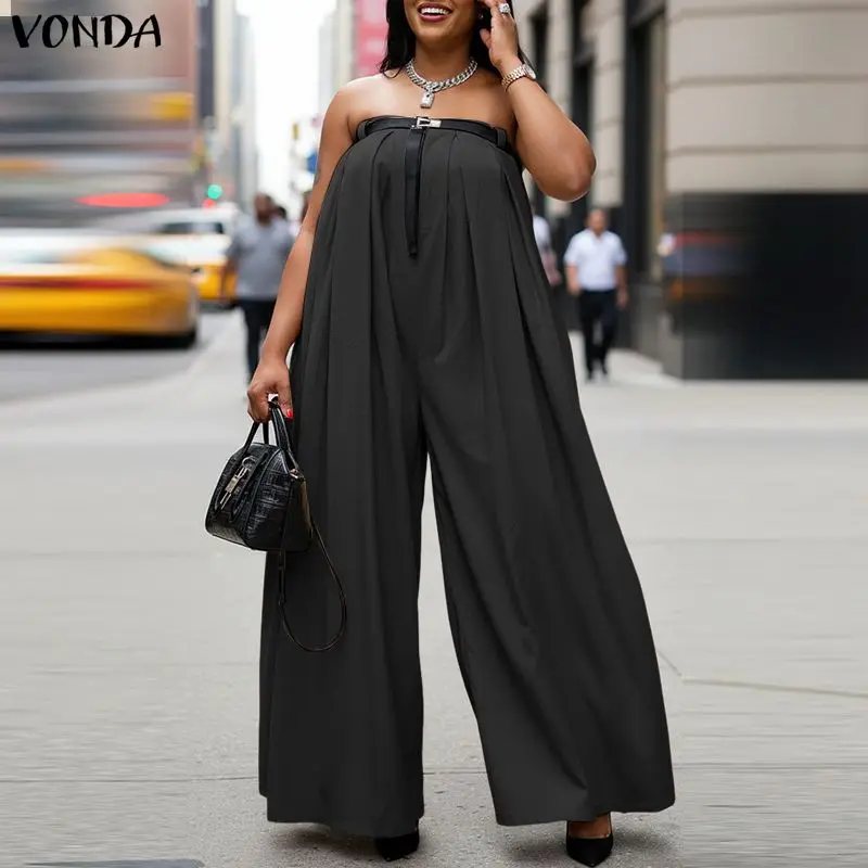 

VONDA Elegant Summer Sleeveless Women Plus Size Jumpsuits Solid Jumpsuit Rompers Solid Party Playsuits Wide Leg Pants No Belt