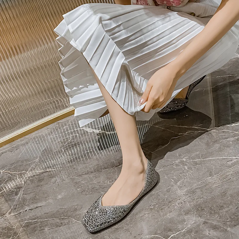 Famous Brand Rivets Flats Shoes Square-toe Women Glitter Beading Ballerian Shoes for Men Shallow Sequined Moccasins Plus Size 43