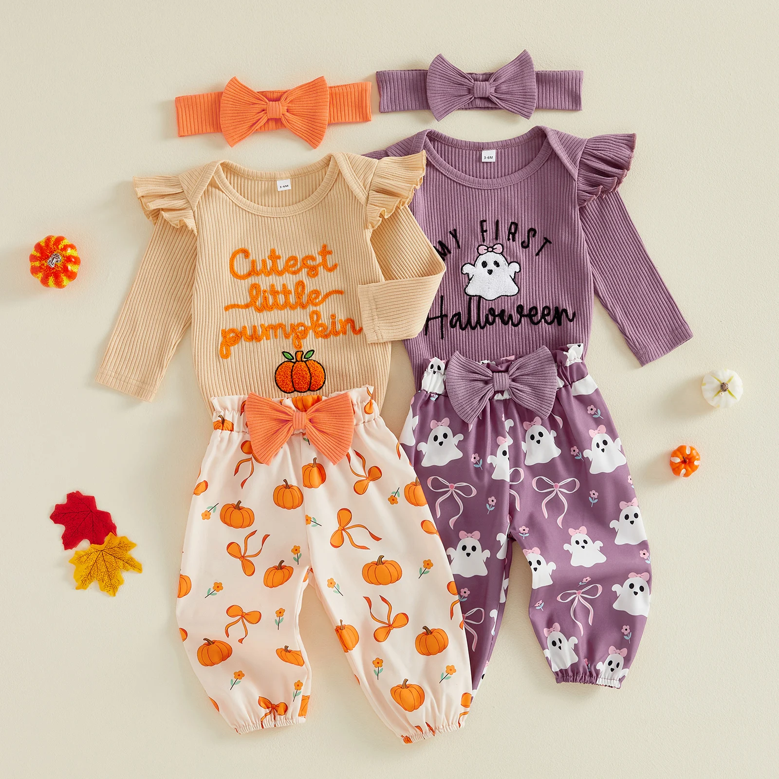 Baby Girls My First Halloween Outfits Adorable Letter Pumpkin Embroidery Long Sleeve Romper and Elastic Waist Pants Headband Set