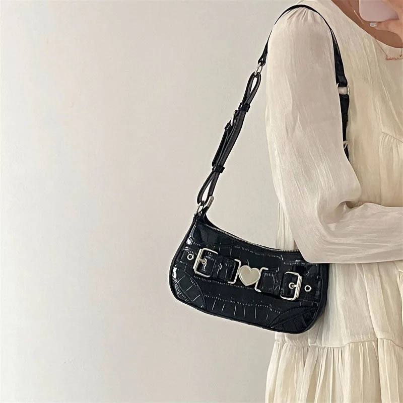 Y2k Hot Girls Retro Love Shoulder Bag Patent Leather Ladies Small Messenger Bags Crocodile Pattern Women\'s Hobos Underarm Bag