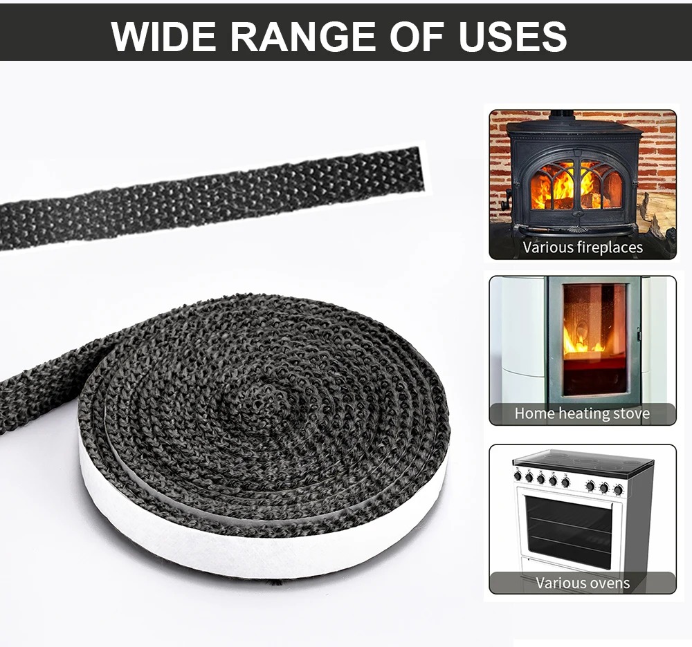 10/15mm Fireplace Sealing Rope Wood Burning Stove Door Self-Adhesive Fiberglass Sealing Cord Replacement 2M Black Gasket Tape