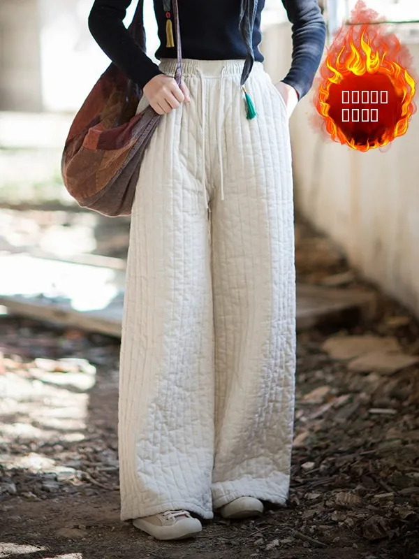 

Зимние льняные брюки-палаццо больших размеров для женщин: ретро-стиль, в полоску, стеганые, хлопковые, теплые, повседневные, длинные, с высокой талией, прямого кроя