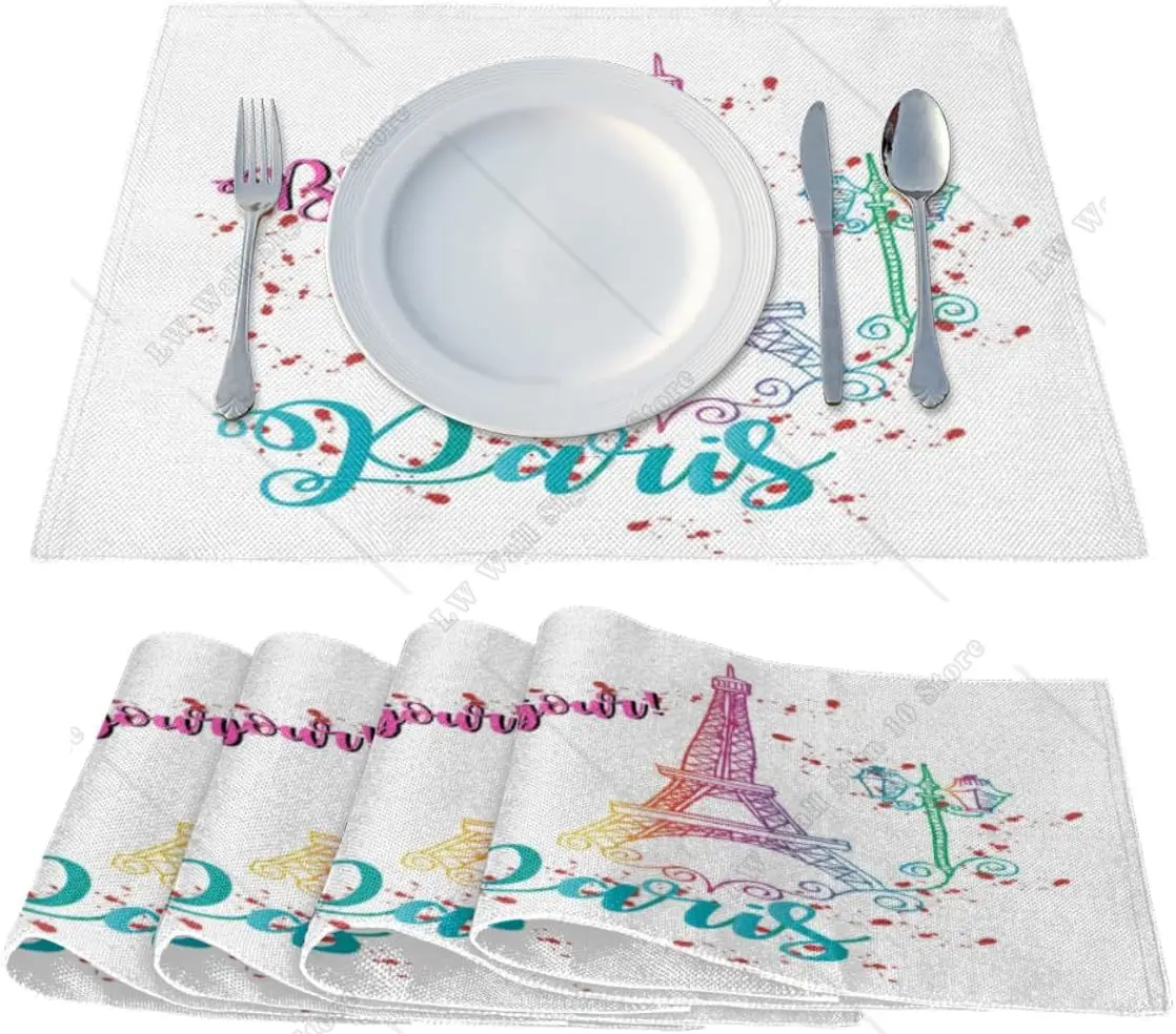 Bonjour Paris Tower Placemats Set of 4 Fabric Placemats 12x18 Inch Heat Resistant Washable Placemat for Kitchen Table Decor