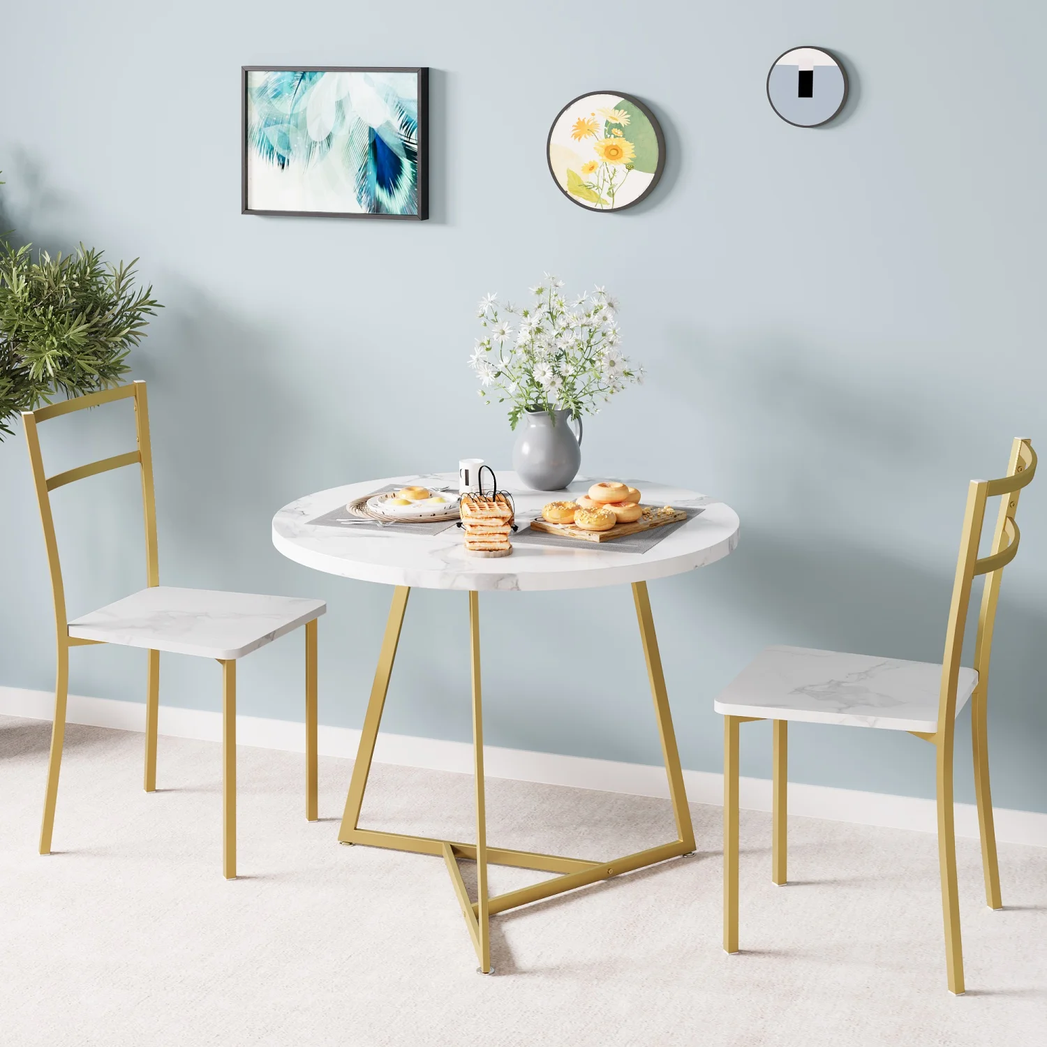 Round Dining Table Set for 2,  Dining Table with 2 Upholstered Chairs, , 3 Pcs Kitchen Table Set for Small Space, Apartment