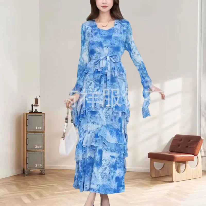 

Miyake Pleated Dress Plisse Floral Gradient Colour Fold Dress Pleat Holiday Dress Light Luxury Upscale Plus Size Pleats Skirt