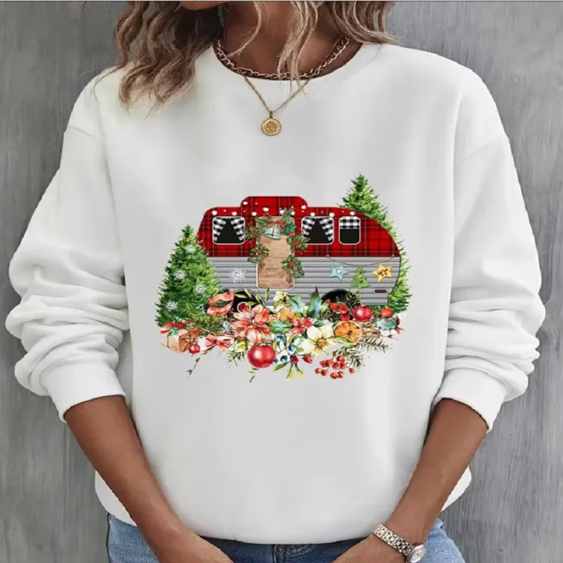 Women's Christmas New Year Christmas Tree Printed Fleece Hoodie Long Sleeve Casual Pullover Streetwear Fashion Sweatshirt