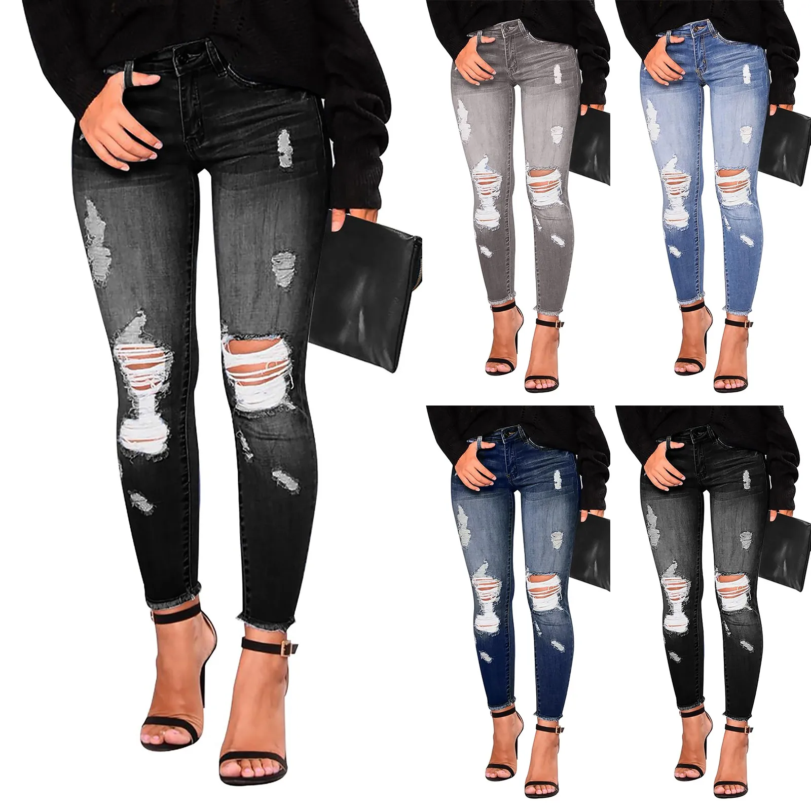 

Fashion Ladies Vintage Denim Jeans High Waisted Elastic Ripped Skinny Jeans Slim Fit Outdoor Travel Holiday Streetwear
