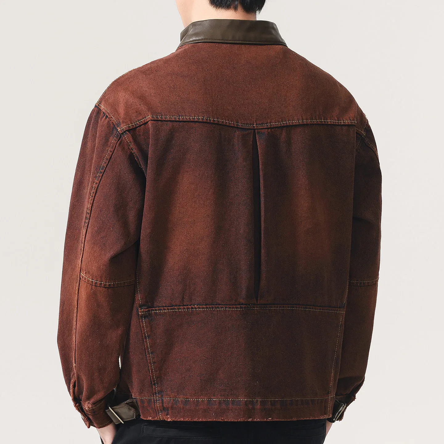 Stand Leather Collar Denim Jacket Men Fashion Vintage Loose Casual Washed Cotton Jeans Motorcycle Jacket Male Spring Autumn Coat view 3